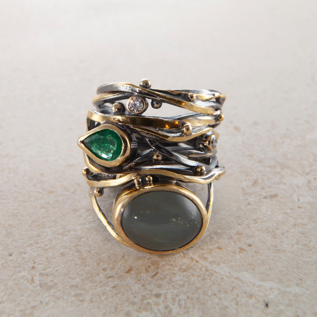 Twisted 18K, 22K & 24K Gold & Silver Ring w. Emerald, Beryl & Diamonds