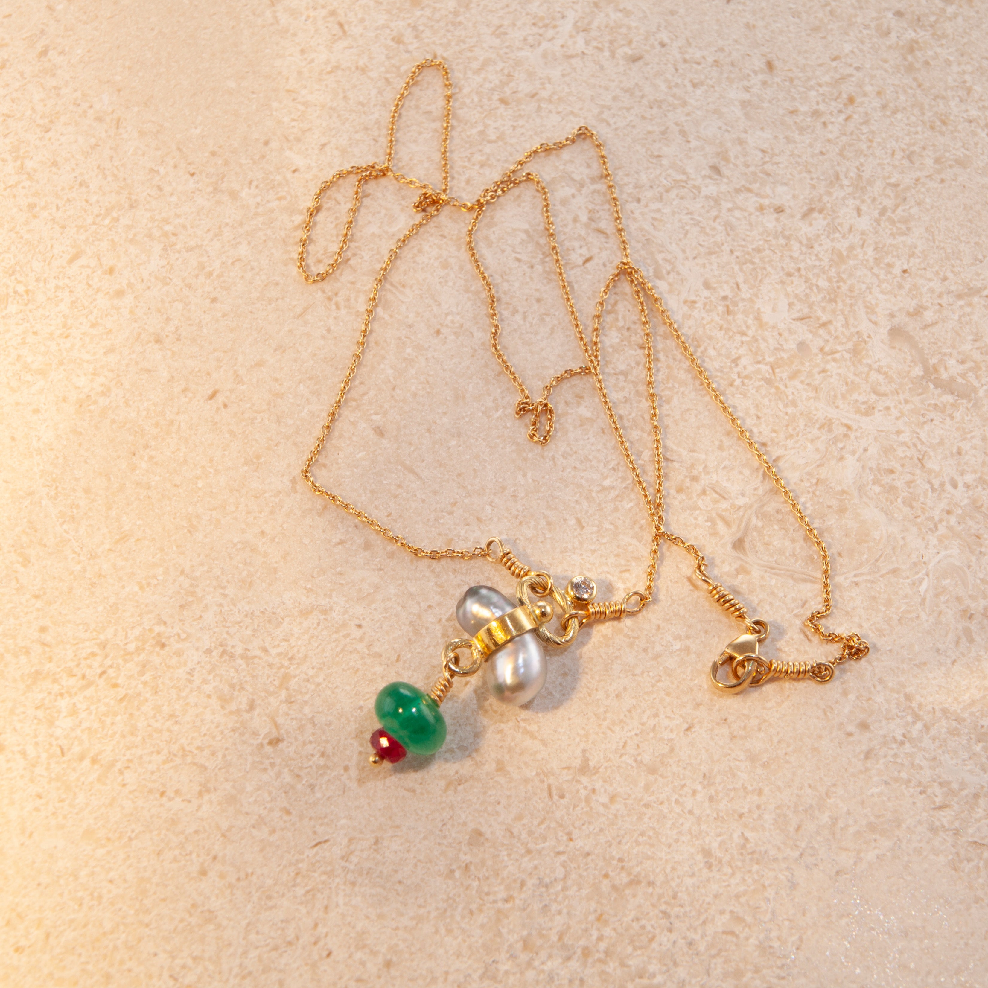 18K & 22K Gold Necklace w. Thahiti Keshi Pearls, Emerald, Ruby & Diamond