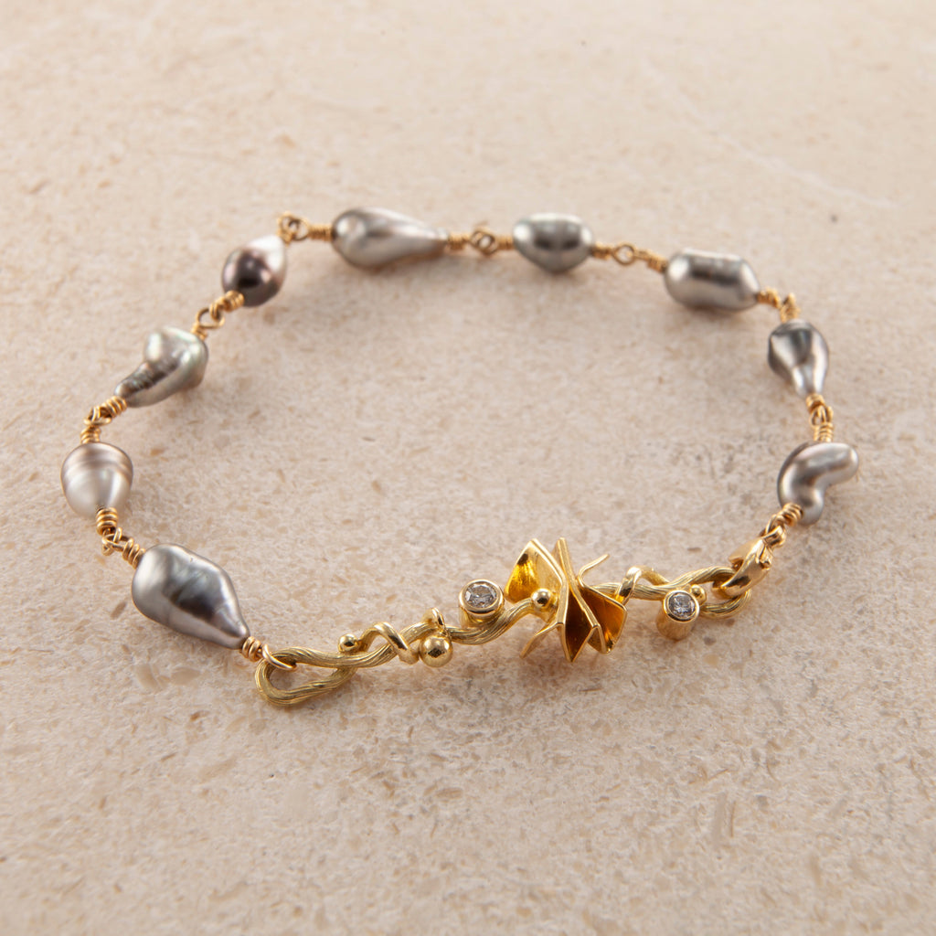 Dragon Seafire 22K Gold Bracelet w. Thaiti Keshi Pearl & Diamonds