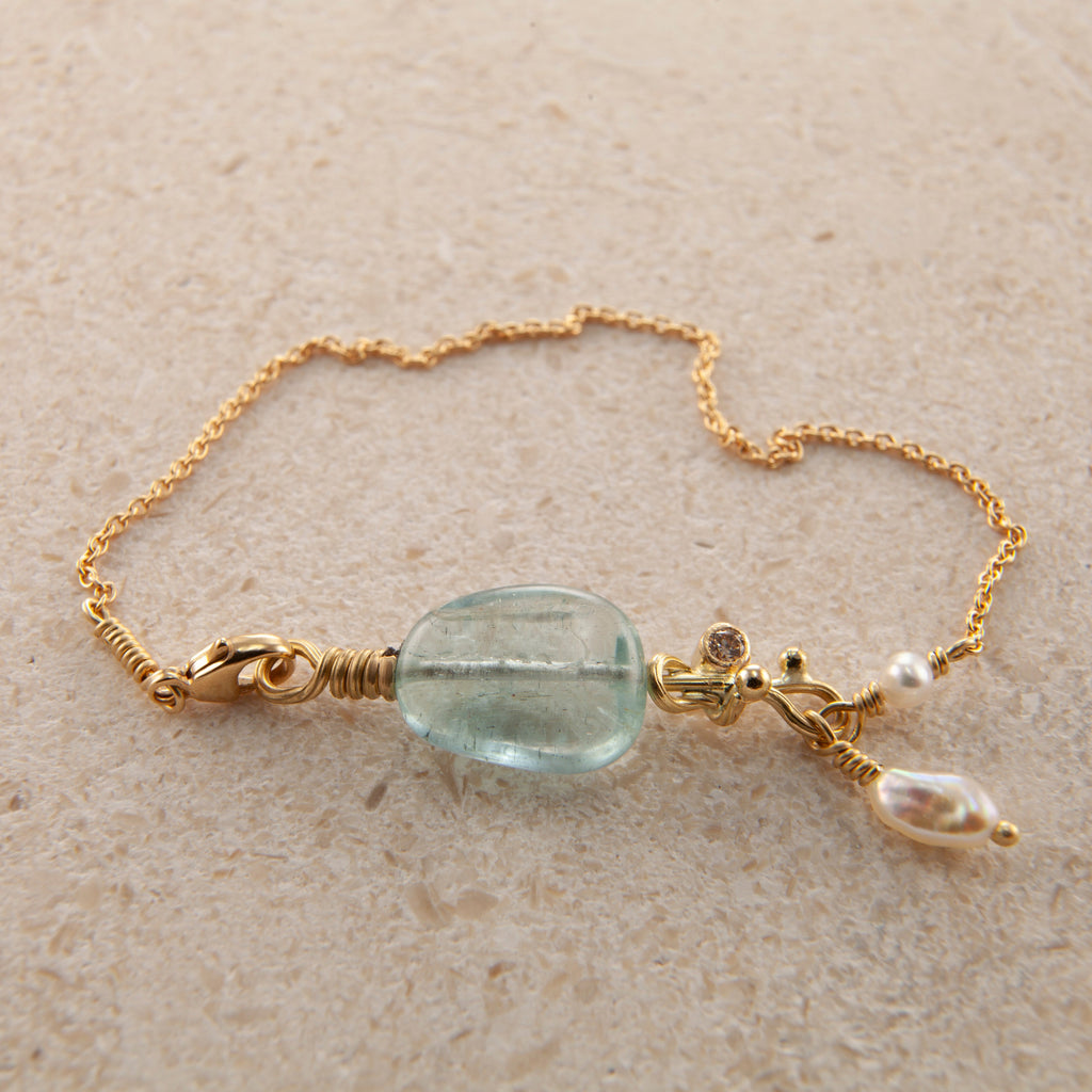 Seafire 18K & 22K Gold Bracelet w. Keshi Pearl, Aquamarine & Diamond