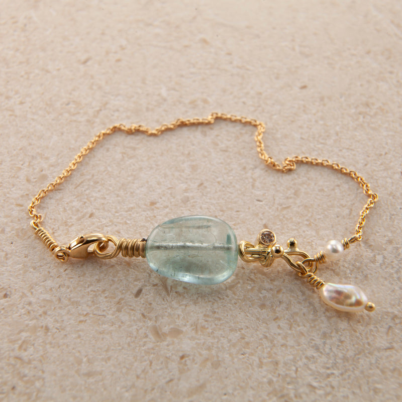 Seafire 18K & 22K Gold Bracelet w. Keshi Pearl, Aquamarine & Diamond