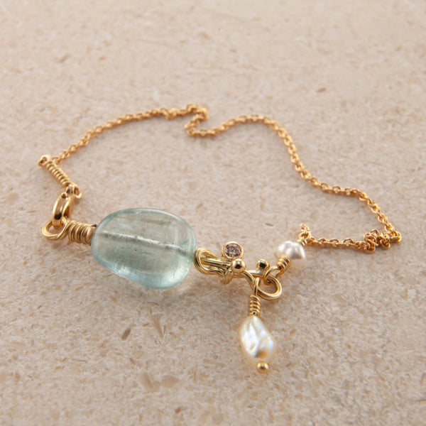 Seafire 18K & 22K Gold Bracelet w. Keshi Pearl, Aquamarine & Diamond