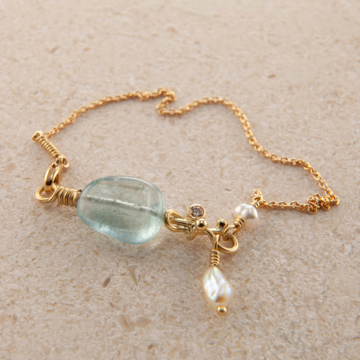 Seafire 18K & 22K Gold Bracelet w. Keshi Pearl, Aquamarine & Diamond