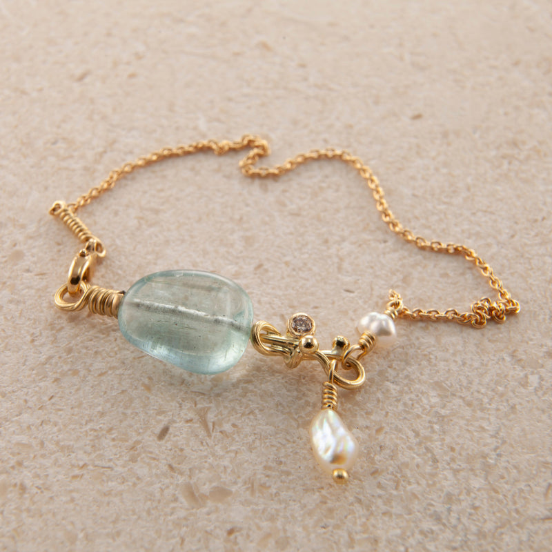 Seafire 18K & 22K Gold Bracelet w. Keshi Pearl, Aquamarine & Diamond