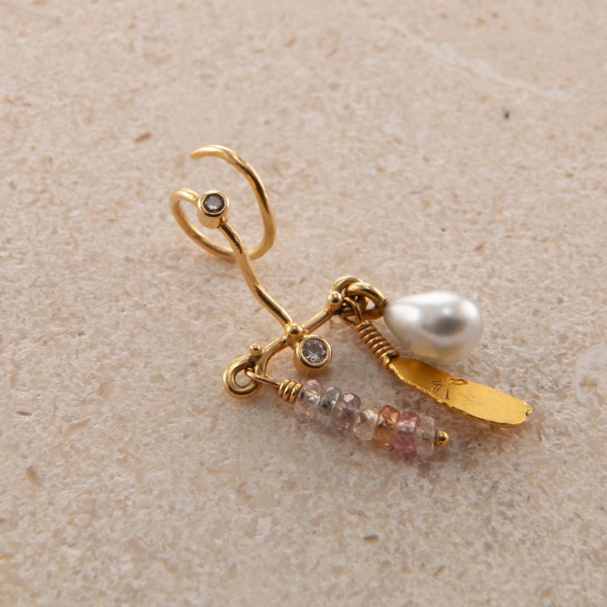 Spiral 18K & 22K Guld øreringe m. Safire, Perle og Diamanter