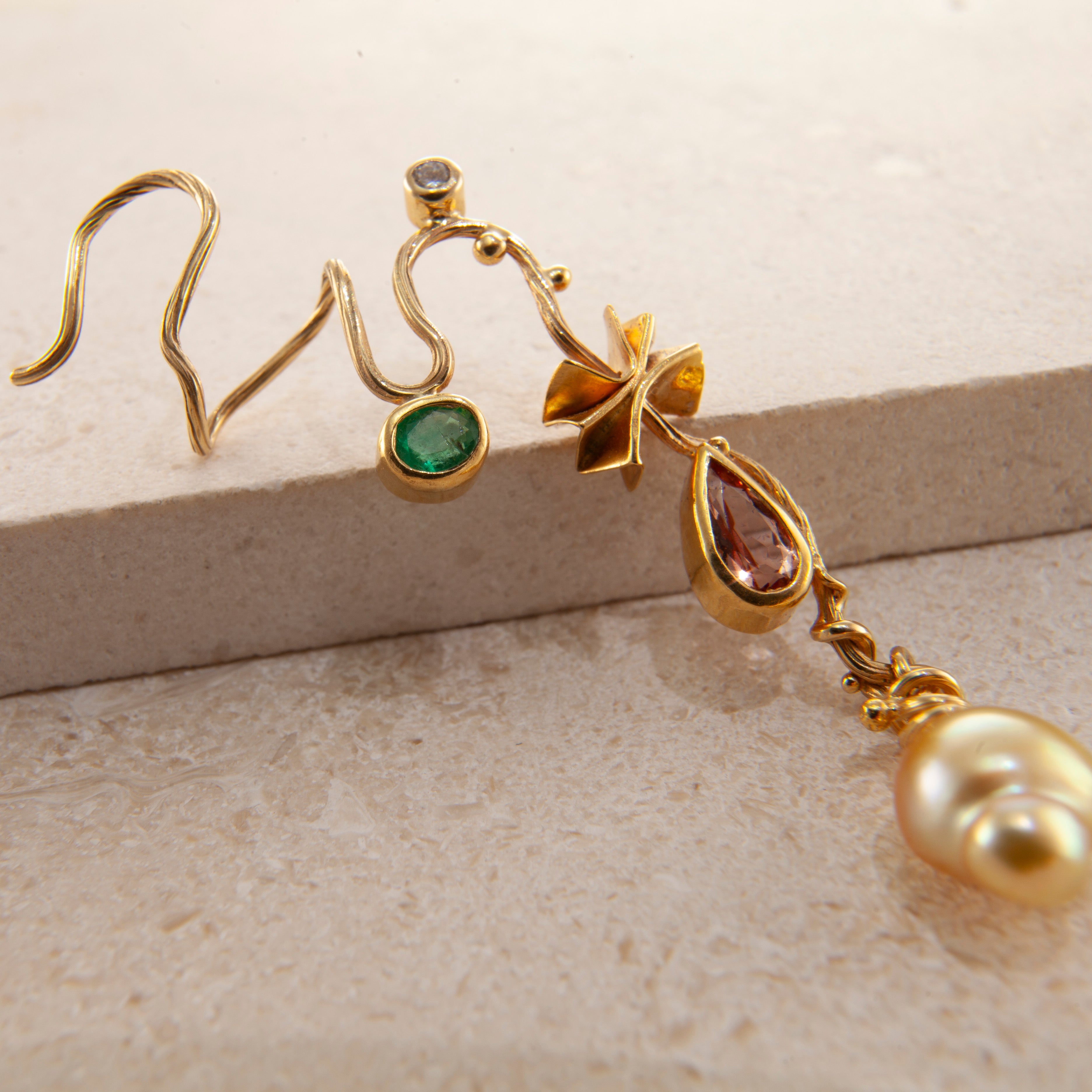 Mucha 18K & 22K Gold Earring w. Keshi Pearl & Diamond
