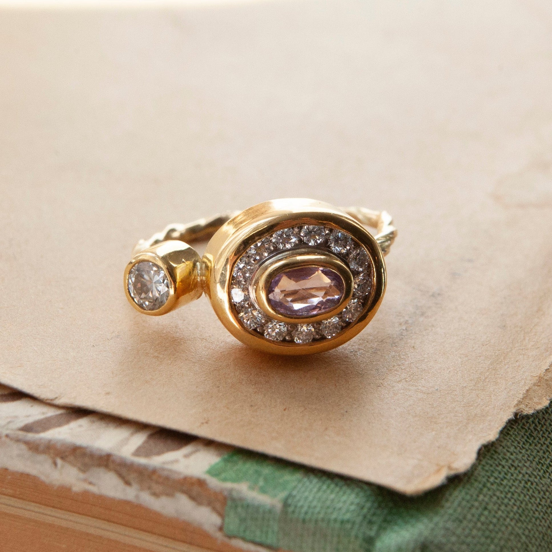 Pavé Cocktail 18K & 22K Gold Ring w. Diamonds & Sapphire