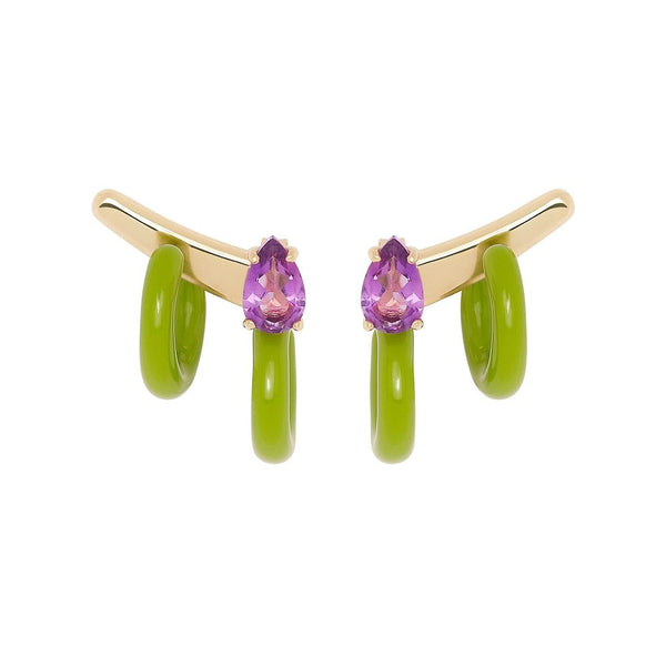 Double Loop 9K Gold Hoops w. Amethyst