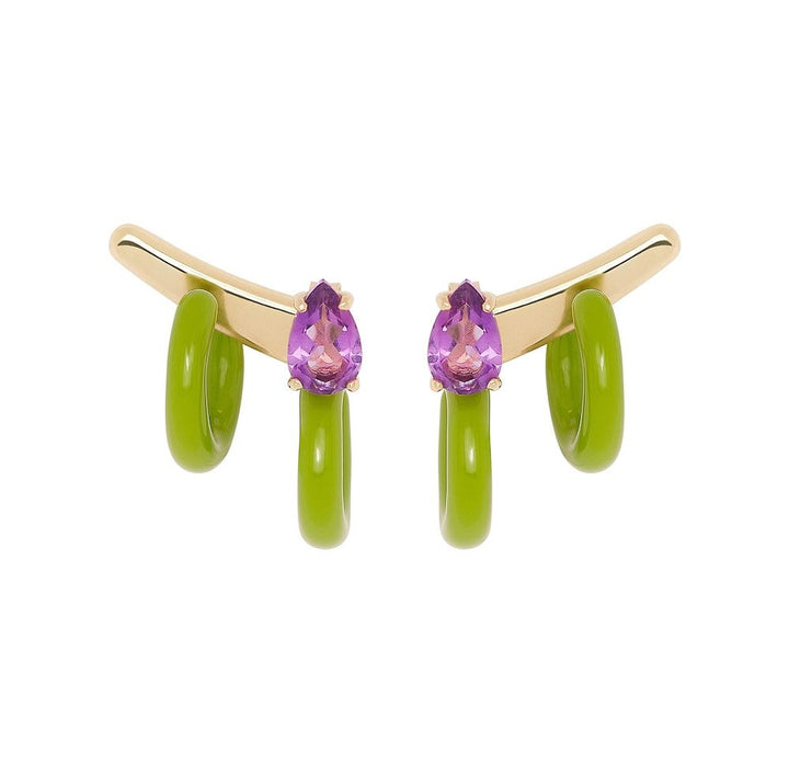 Double Loop 9K Gold Hoops w. Amethyst