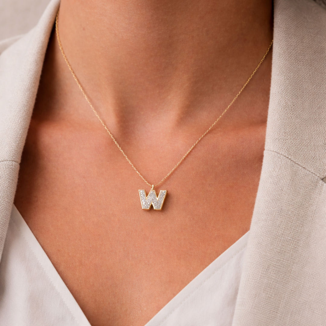 Alphabet 18K Gold, Rosegold or Whitegold Inital W Pendant w. Solitaire Lab-Grown Diamond