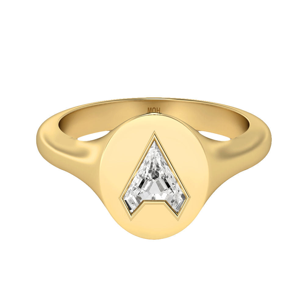 Alphabet 18K Gold Initial A Signet Ring w. Solitaire Lab-Grown Diamond