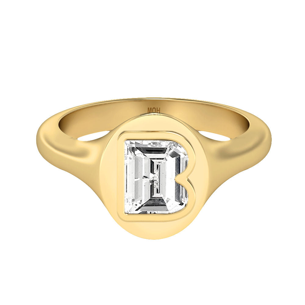 Alphabet 18K Gold Initial B Signet Ring w. Solitaire Lab-Grown Diamond