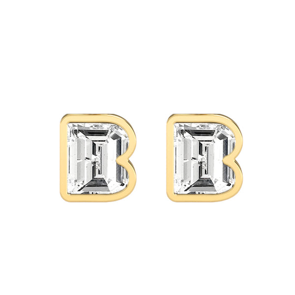 Alphabet Initial B 18K Gold, Whitegold or Rosegold Stud Earrings w. Solitaire Lab-Grown Diamond
