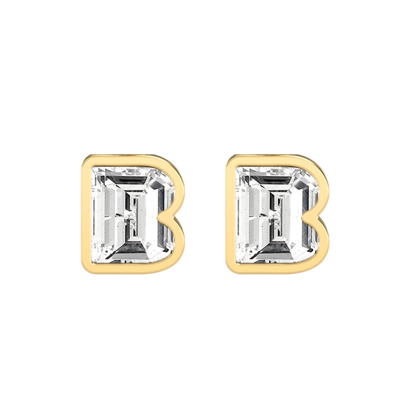 Alphabet Initial B 18K Gold, Whitegold or Rosegold Stud Earrings w. Solitaire Lab-Grown Diamond