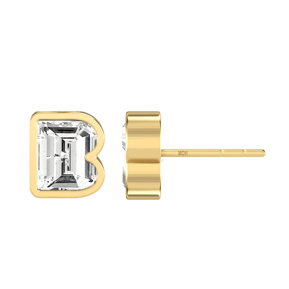 Alphabet Initial B 18K Gold, Whitegold or Rosegold Stud Earrings w. Solitaire Lab-Grown Diamond