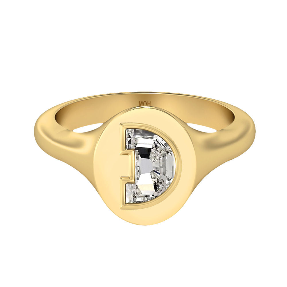 Alphabet 18K Gold Initial D Signet Ring w. Solitaire Lab-Grown Diamond