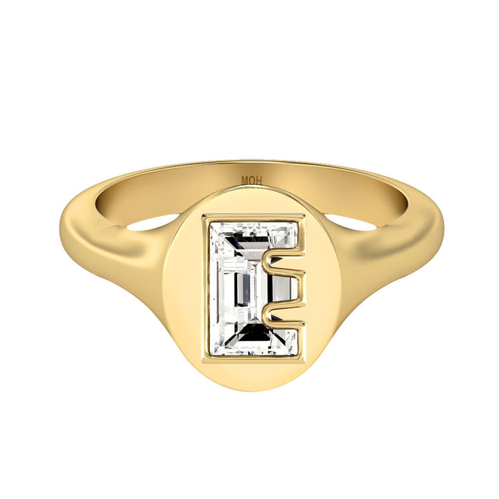 Alphabet 18K Gold Initial E Signet Ring w. Solitaire Lab-Grown Diamond