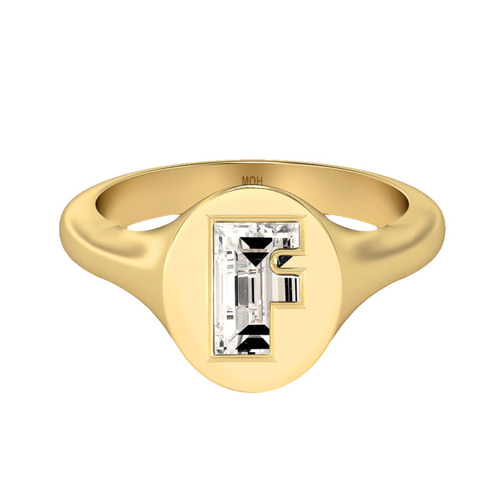 Alphabet 18K Gold Initial F Signet Ring w. Solitaire Lab-Grown Diamond