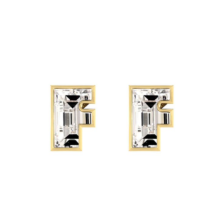 Alphabet Initial F 18K Gold, Whitegold or Rosegold Stud Earrings w. Solitaire Lab-Grown Diamond