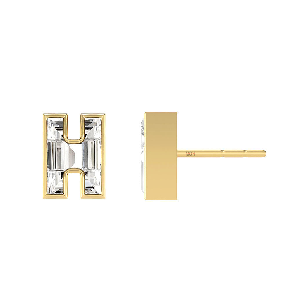 Alphabet Initial H 18K Gold, Whitegold or Rosegold Stud Earrings w. Solitaire Lab-Grown Diamond