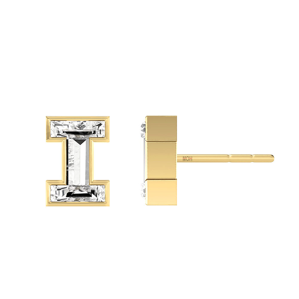 Alphabet Initial I 18K Gold, Whitegold or Rosegold Stud Earrings w. Solitaire Lab-Grown Diamond