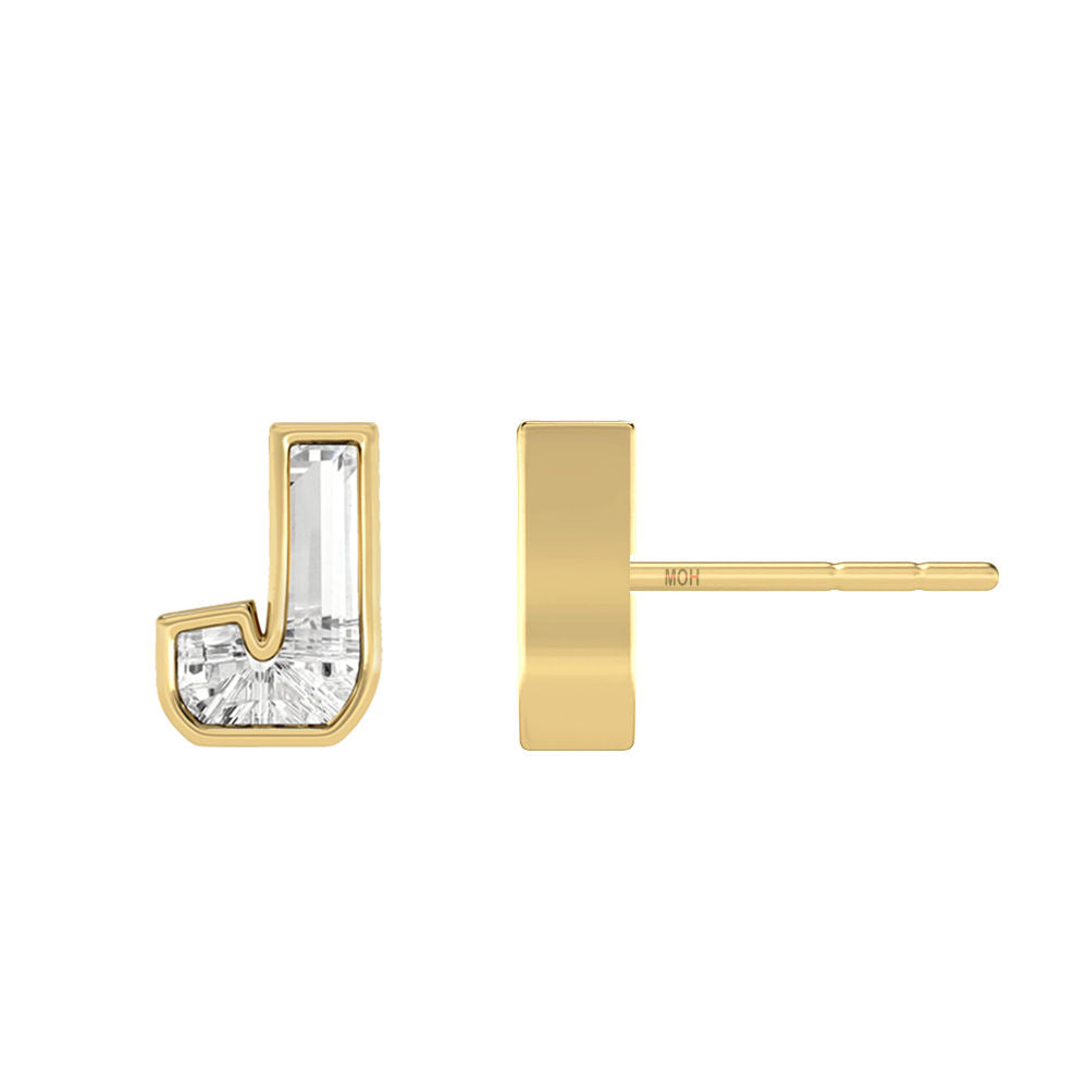 Alphabet Initial J 18K Gold, Whitegold or Rosegold Stud Earrings w. Solitaire Lab-Grown Diamond