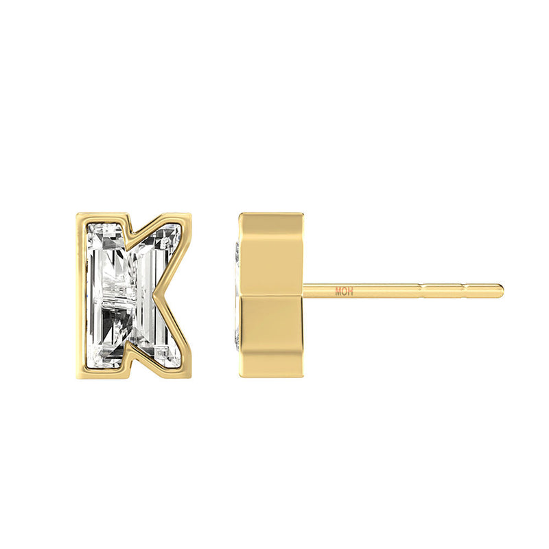 Alphabet Initial K 18K Gold, Whitegold or Rosegold Stud Earrings w. Solitaire Lab-Grown Diamond