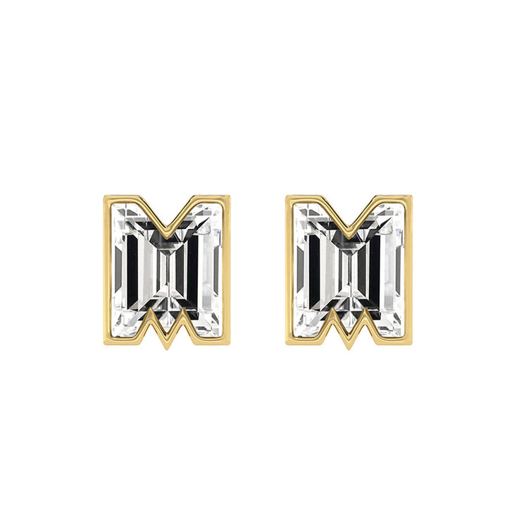 Alphabet Initial M 18K Gold, Whitegold or Rosegold Stud Earrings w. Solitaire Lab-Grown Diamond