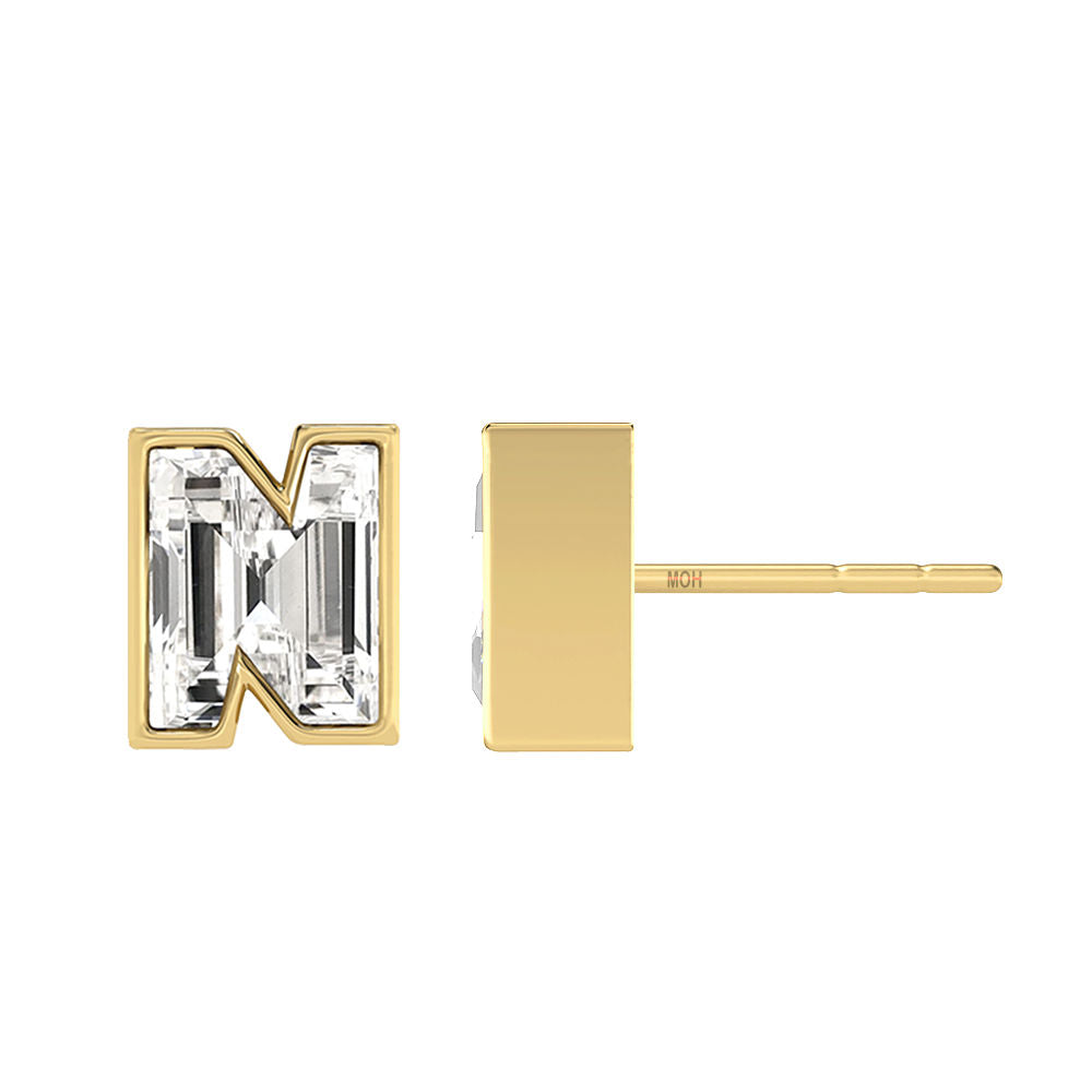 Alphabet Initial N 18K Gold, Whitegold or Rosegold Stud Earrings w. Solitaire Lab-Grown Diamond
