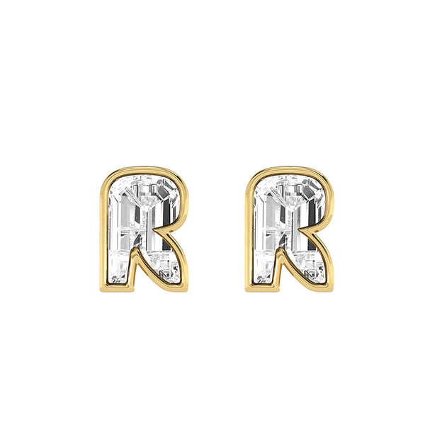 Alfabet Bogstav R 18K Guld, Hvidguld eller Rosaguld Ørestikker m. Solitaire Lab-Grown Diamant