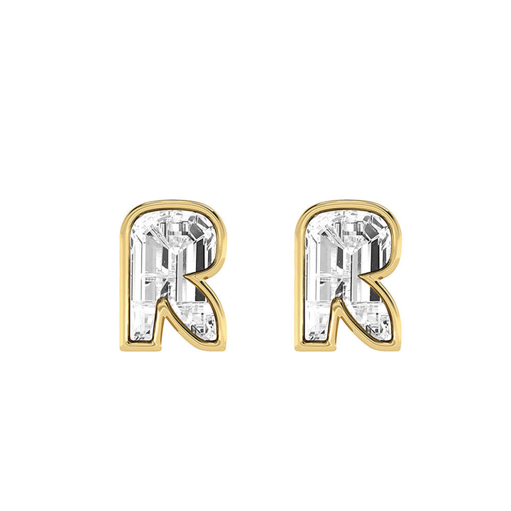 Alphabet Initial R 18K Gold, Whitegold or Rosegold Stud Earrings w. Solitaire Lab-Grown Diamond