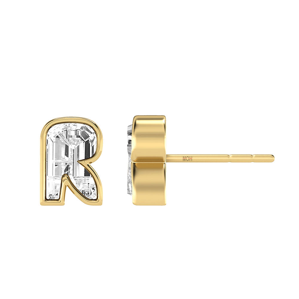 Alphabet Initial R 18K Gold, Whitegold or Rosegold Stud Earrings w. Solitaire Lab-Grown Diamond