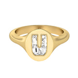 Alphabet 18K Gold Initial U Signet Ring w. Solitaire Lab-Grown Diamond