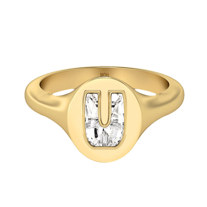 Alphabet 18K Gold Initial U Signet Ring w. Solitaire Lab-Grown Diamond