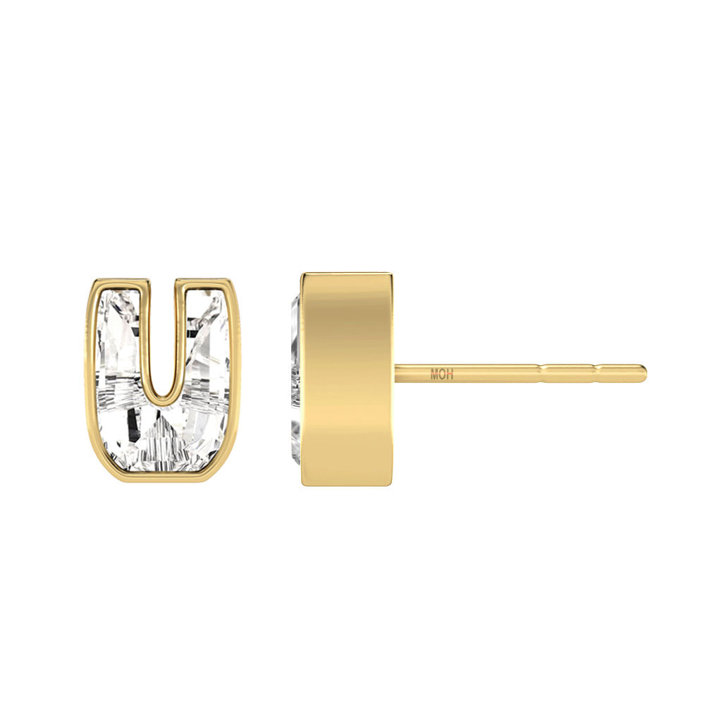 Alphabet Initial U 18K Gold, Whitegold or Rosegold Stud Earrings w. Solitaire Lab-Grown Diamond