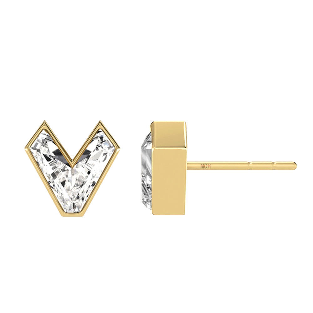 Alphabet Initial V 18K Gold, Whitegold or Rosegold Stud Earrings w. Solitaire Lab-Grown Diamond