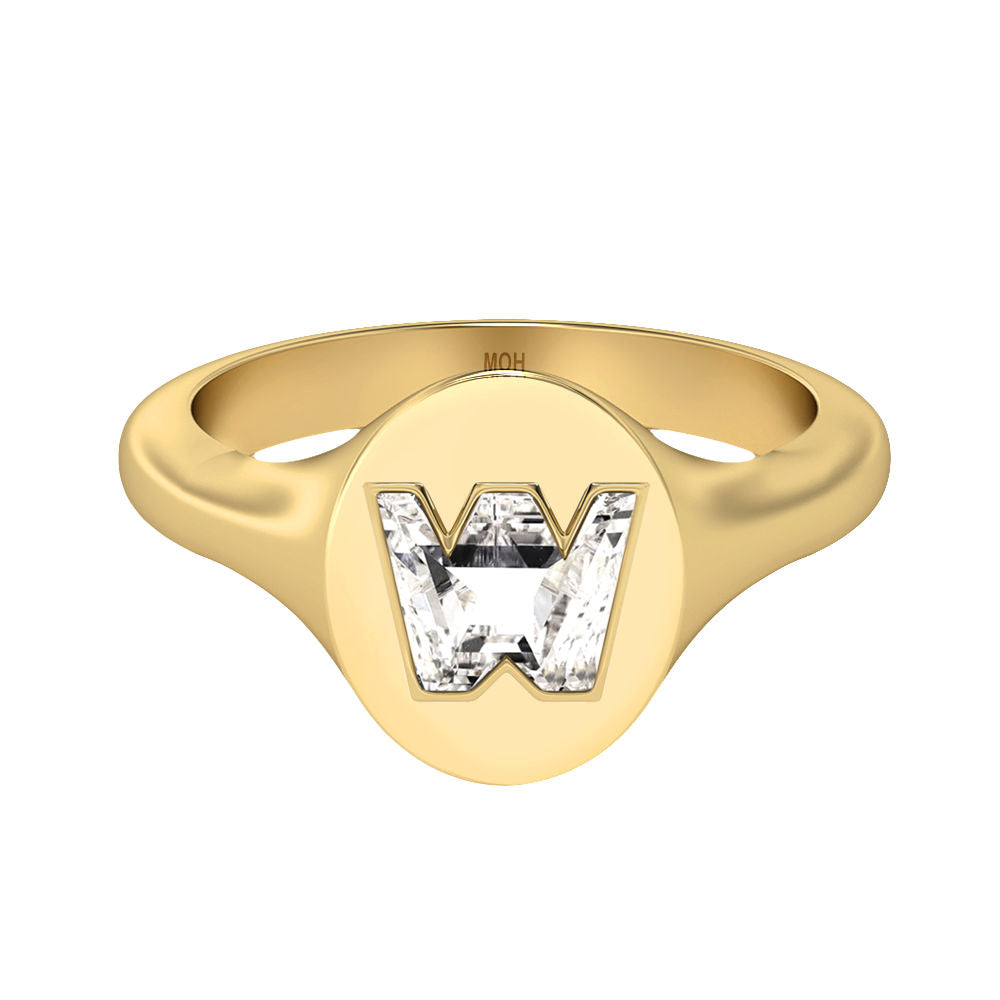 Alphabet 18K Gold Initial W Signet Ring w. Solitaire Lab-Grown Diamond