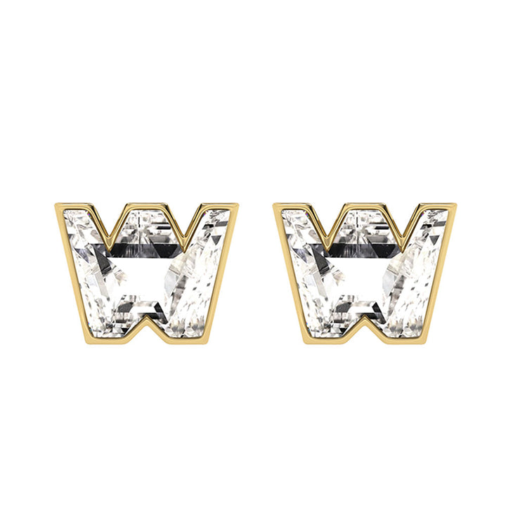 Alphabet Initial W 18K Gold, Whitegold or Rosegold Stud Earrings w. Solitaire Lab-Grown Diamond