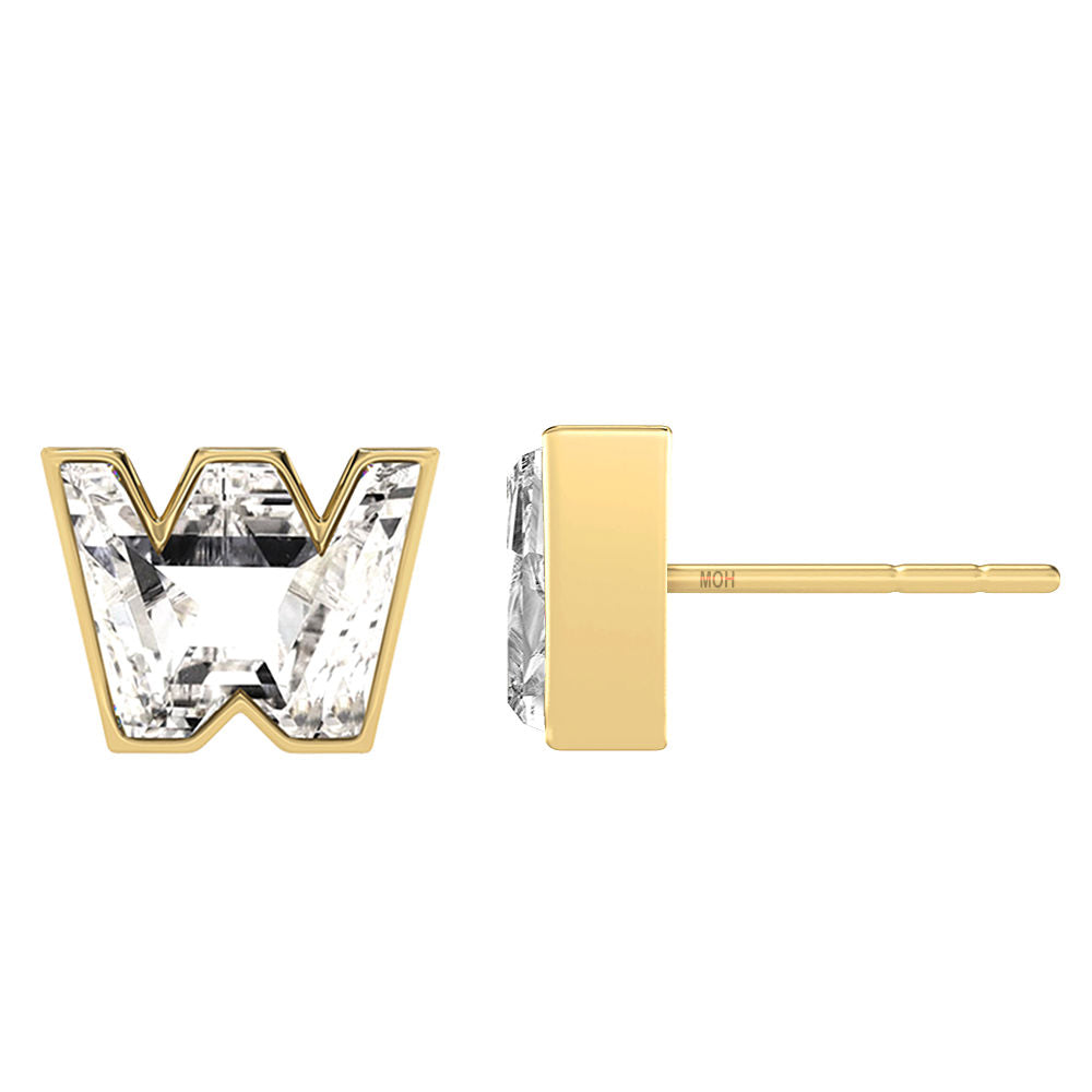 Alphabet Initial W 18K Gold, Whitegold or Rosegold Stud Earrings w. Solitaire Lab-Grown Diamond