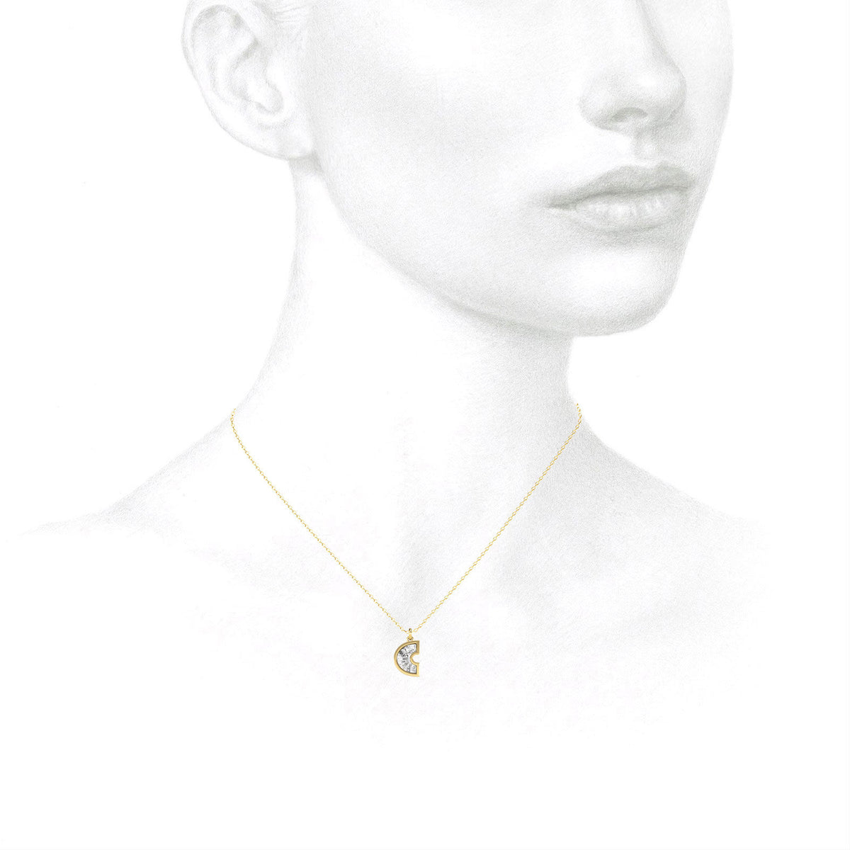 Alphabet 18K Gold, Rosegold or Whitegold Inital C Pendant w. Solitaire Lab-Grown Diamond