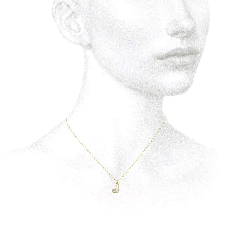 Alphabet 18K Gold, Rosegold or Whitegold Inital J Pendant w. Solitaire Lab-Grown Diamond