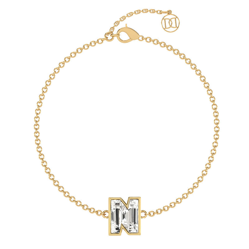 Alphabet Initial N 18K Gold, Rosegold or Whitegold Bracelet w. Solitaire Lab-Grown Diamond