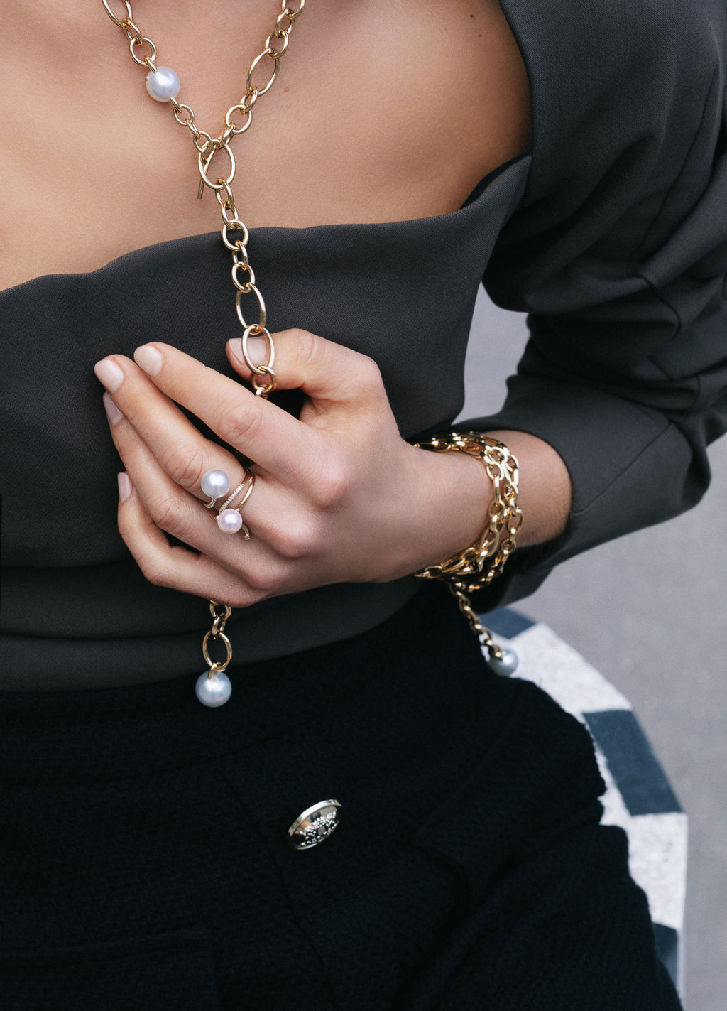 Offener 18k goldener Ring w. Perle & Diamanten