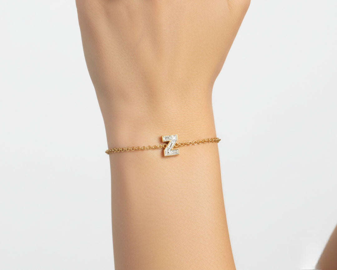 Alphabet Initial Z 18K Gold, Rosegold or Whitegold Bracelet w. Solitaire Lab-Grown Diamond
