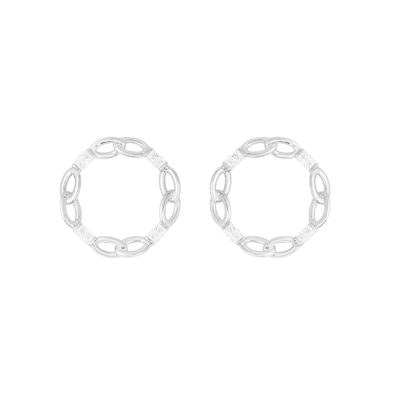 Baguette Circle White Rhodium on Silver Earrings w. Zirconia