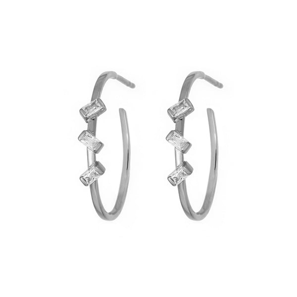 Baguette 3-Stone Black Ruthenium on Silver Hoops w. Zirconia