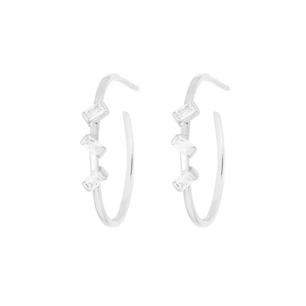 Baguette 3-Stone White Rhodium on Silver Hoops w. Zirconia