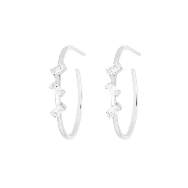 Baguette 3-Stone White Rhodium on Silver Hoops w. Zirconia