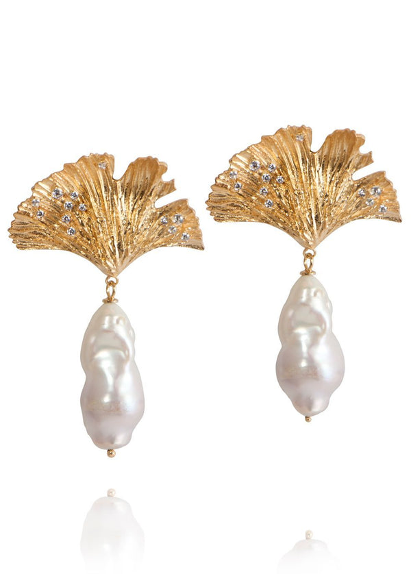 Ginkgo Leaf Vermeil Gold Plated Earrings w. Pearls