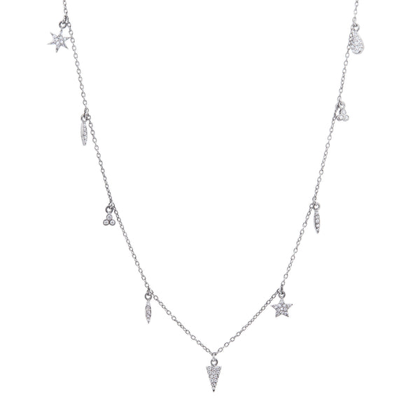 9 Charm White Rhodium on Silver Necklace w. Zirconia